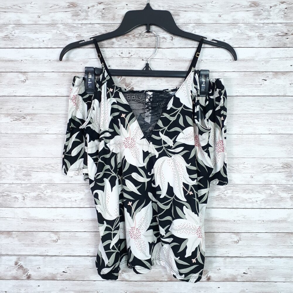 Flora Nikrooz Womens Cami Short Robe Pajama Set L Floral Lily Black Lace 295 - Picture 2 of 7